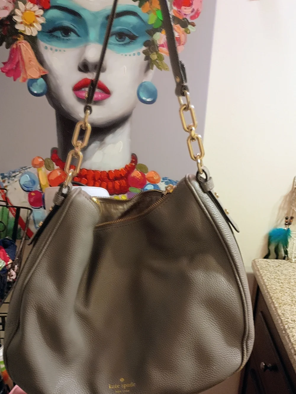 kate spade Pebbled Leather Shoulder Bag in Gray with Gold Hardware